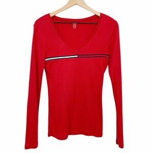 Tommy Hilfiger Long Sleeve T Shirt Womens Size XS V Neck Tee Logo Design Red